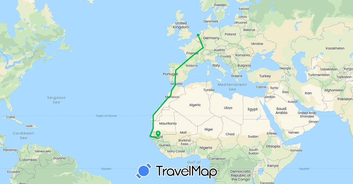 TravelMap itinerary: driving, bus in Spain, France, Morocco, Mauritania, Netherlands, Senegal (Africa, Europe)